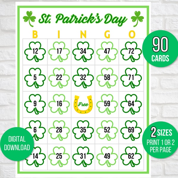 St. Patrick's Day Bingo, 90 St. Patrick's Day Bingo Cards, St. Patrick's Day Activity, St. Patrick's Party Game, St. Paddy's Activity