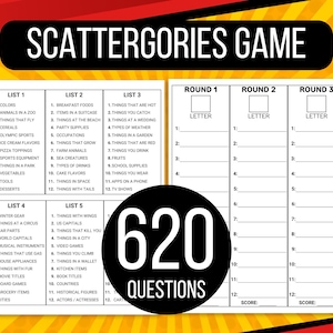 Juego Scattergories, Juego Scattergories familiar, Hojas de puntuación de Scattergories, Juego para personas mayores, Juego de fiesta, Paquete de juegos para fiestas de oficina, Juegos