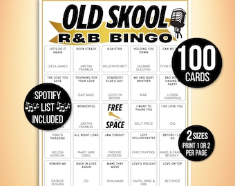 Bingo R&B vecchia scuola, Bingo delle canzoni Rhythm and Blues, Bingo della musica Blues, 100 cartelle di bingo musicale stampabili, gioco R&B, lista Spotify R&B