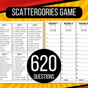 Juego Scattergories, Juego Scattergories familiar, Hojas de puntuación de Scattergories, Juego para personas mayores, Juego de fiesta, Paquete de juegos para fiestas de oficina, Juegos