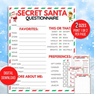 Secret Santa Questionnaire, Printable Secret Santa Questions, Gift Exchange Questionnaire, Christmas Party, Work Secret Santa Questionnaire