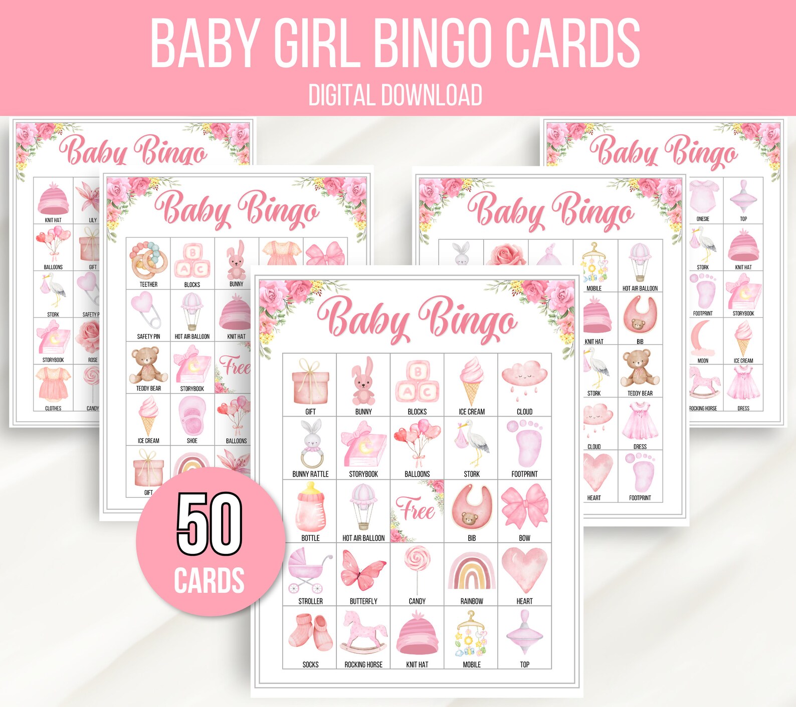 Baby Girl Bingo, 50 Baby Shower Bingo Cards, Baby Girl Shower Printable ...