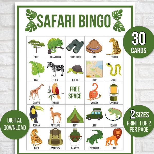 Safari Bingo, 30 Printable Safari Bingo Cards, Safari Party Game, Safari Birthday Bingo, Safari Birthday Bingo, Jungle Bingo, Jungle Game