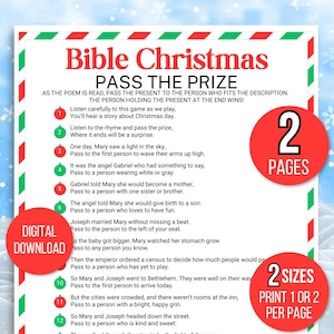 May include: A printable Bible Christmas game titled "Pass the Prize" with a festive red and green border. The game includes instructions and prompts for a Christmas-themed activity. Includes the text "Digital Download", "2 Pages", and "2 Sizes Print 1 or 2 Per Page".