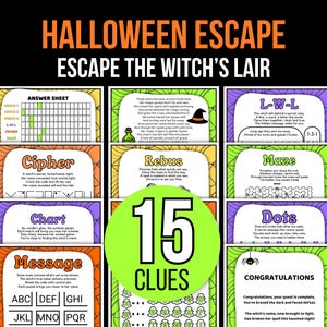 Puede incluir: Un juego de escape room con temática de Halloween con el texto "Halloween Escape Escape the Witch's Lair". El juego incluye rompecabezas, pistas y un mensaje de felicitación. Un círculo verde central muestra "15 CLUES".