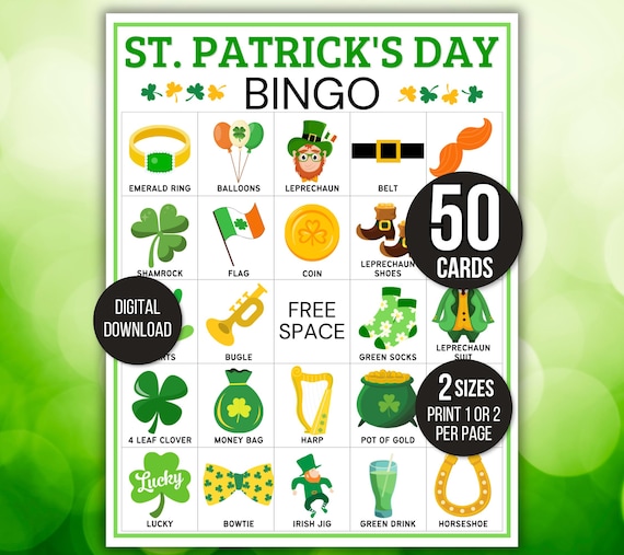 St. Patrick's Day Bingo, 50 St. Patrick's Bingo Cards, St. Patrick's Day Game, St. Paddy's Game for Kids, St. Patrick's Day Party Game