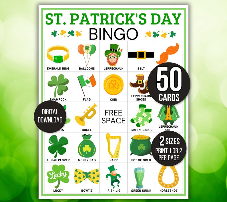 St. Patrick's Day Bingo, 50 St. Patrick's Bingo Cards, St. Patrick's Day Game, St. Paddy's Game for Kids, St. Patrick's Day Party Game