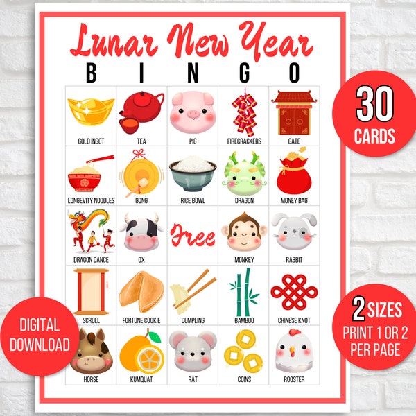 Lunar New Year Bingo, 30 Lunar New Year Bingo Cards, Lunar New Year Activity For Kids, Lunar New Year Party Game, Lunar New Year Activity