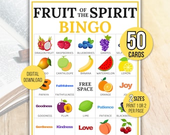 Andens frukt Bingo, Bibelbingo, 50 Andens frukt Bingokort, Bibelaktivitet för barn, Bibelspel, Andens frukt-spel