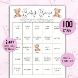 100 tarjetas de bingo para baby shower, tarjetas de bingo precargadas únicas para bebés, tarjetas de bingo de regalo con osito de peluche, juego de bingo minimalista para baby shower