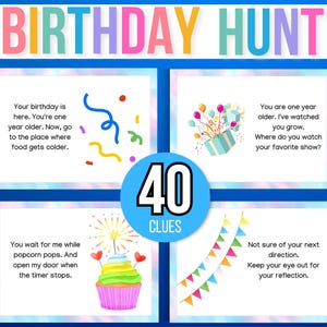 Indoor Birthday Treasure Hunt, Indoor Birthday Scavenger Hunt, 40 Treasure Hunt Birthday Clues, Kids Treasure Hunt Clues, Birthday Printable