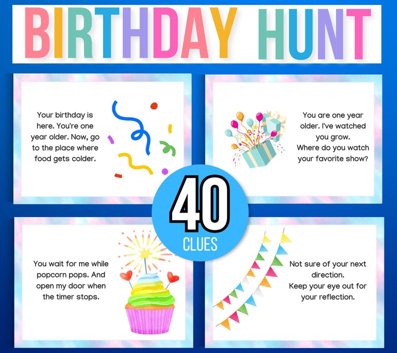 Indoor Birthday Treasure Hunt, Indoor Birthday Scavenger Hunt, 40 Treasure Hunt Birthday Clues, Kids Treasure Hunt Clues, Birthday Printable