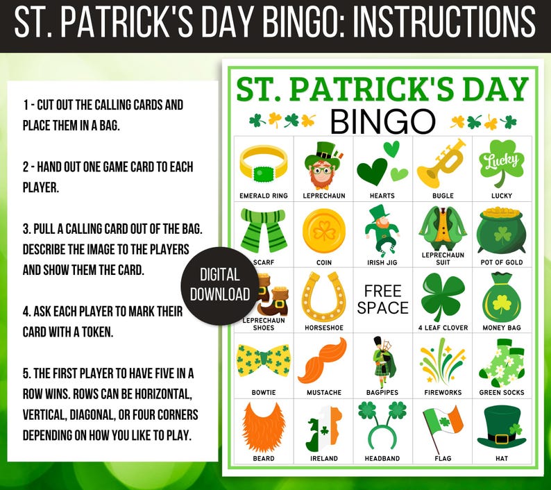 St. Patrick's Day Bingo, 50 St. Patrick's Bingo Cards, St. Patrick's Day Game, St. Paddy's Game for Kids, St. Patrick's Day Party Game