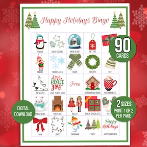 Ferien Bingo, 90 Feiertags Bingokarten, Feiertage, Kinder Feiertage Party Spiel, Feiertage Klassenzimmer Aktivität, Weihnachtsbingo, Feiertage Spiel
