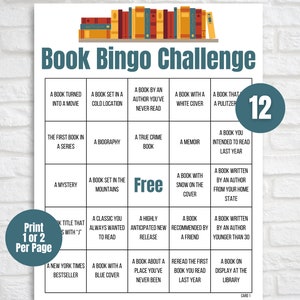 Book Bingo, 12 Printable Book Bingo Cards, Book Bingo Challenge, Book Challenge, Book Game, Reading Challenge, Reading Tracker, Reading Log