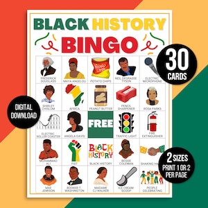 Bingo sulla storia dei neri, giochi sulla storia dei neri, Bingo del mese della storia dei neri, 30 cartelle stampabili del bingo sulla storia dei neri, quiz sulla storia dei neri, storia