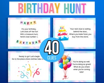 Indoor Birthday Treasure Hunt, Indoor Birthday Scavenger Hunt, 40 Treasure Hunt Birthday Clues, Kids Treasure Hunt Clues, Birthday Printable