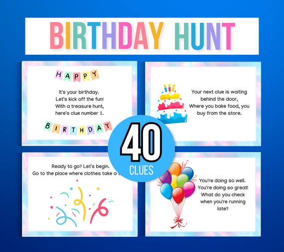 Indoor Birthday Treasure Hunt, Indoor Birthday Scavenger Hunt, 40 Treasure Hunt Birthday Clues, Kids Treasure Hunt Clues, Birthday Printable