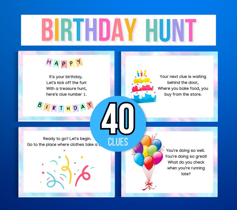 Indoor Birthday Treasure Hunt, Indoor Birthday Scavenger Hunt, 40 Treasure Hunt Birthday Clues, Kids Treasure Hunt Clues, Birthday Printable
