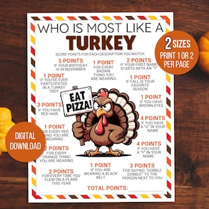 Thanksgiving Game, Who is Most Like a Turkey Game, Thanksgiving Activity, Thanksgiving Games for Kids, Printable Thanksgiving Game