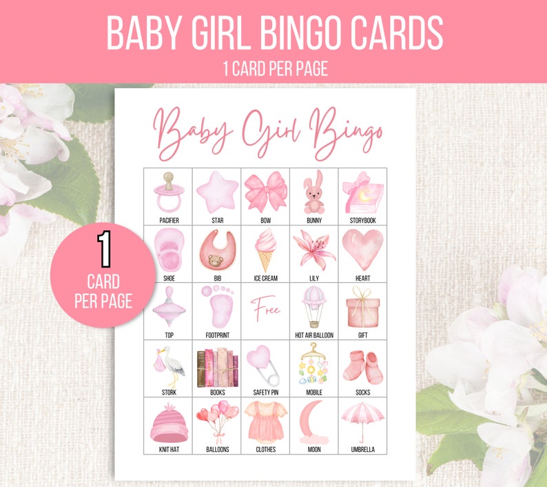 K&ouml;nnte beinhalten: Eine rosa und wei&szlig;e Baby-M&auml;dchen-Bingo-Karte mit 25 Feldern. Jedes Feld enth&auml;lt ein anderes Bild, das mit einem Baby-M&auml;dchen zusammenh&auml;ngt, wie z. B. einen Schnuller, einen Stern, eine Schleife, ein H&auml;schen, ein Bilderbuch, einen Schuh, eine L&auml;tzchen, Eiscreme, eine Lilie, ein Herz, ein Kreisel, einen Fu&szlig;abdruck, einen Hei&szlig;luftballon, ein Geschenk, einen Storch, B&uuml;cher, eine Sicherheitsnadel, ein Mobile, Socken, eine Strickm&uuml;tze, Ballons, Kleidung, einen Mond und einen Regenschirm. Die Karte lautet "Baby Girl Bingo" oben und "Free" im mittleren Feld.