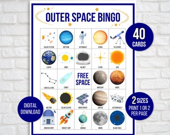 Outer Space Bingo, Solar System Bingo, Astronomy Bingo, 40 Printable Space Bingo Cards, Outer Space Game, Space Activity, Classroom Activity