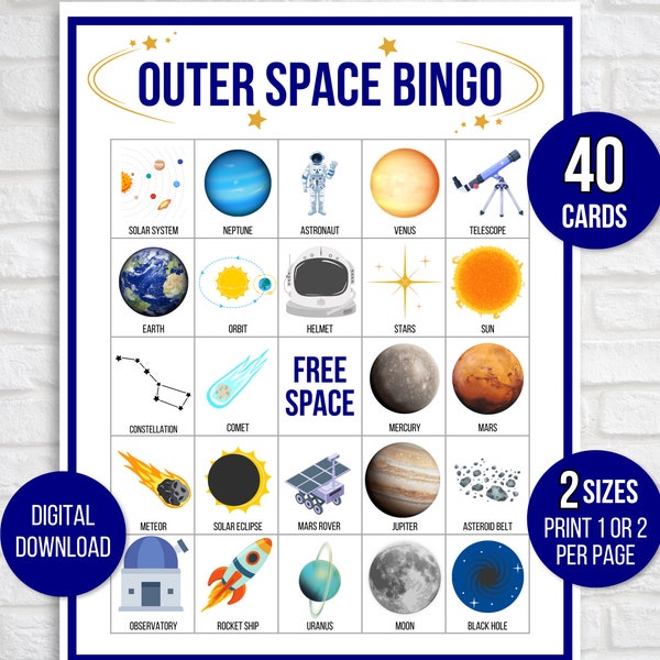 Outer Space Bingo, Solar System Bingo, Astronomy Bingo, 40 Printable Space Bingo Cards, Outer Space Game, Space Activity, Classroom Activity