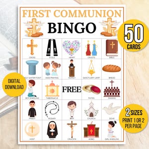 Erstkommunion Bingo, 50 Erstkommunion Bingokarten, Bibel Bingo, Bibelaktivität für Kinder, Sonntagsschule Bingo, Glaubensbildungsspiel