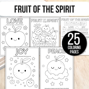 以下が含まれることがあります： 「実りの霊」というタイトルの25枚の塗り絵のコレクション。各ページには、「愛」、「喜び」、「平和」という言葉とともに、異なる果物のイラストが描かれています。ページは白黒で、塗り絵用にデザインされています。