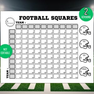 May include: A printable football squares game board with 100 squares, numbered 1 to 100. The board is black and white with a football helmet graphic in each corner. The text "Football Squares" is at the top of the board. The text "Team" is written twice on the board, once on the left side and once on the right side. The text "Not Editable" is written in a circle on the left side of the board.