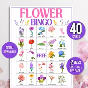Bingo avec fleurs, Bingo de printemps, Bingo dans le jardin, 40 cartes de bingo avec fleurs à imprimer, Jeu du club de jardinage, Bingo pour le goûter, Jeu de bingo pour la mariée