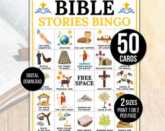 Bible Bingo, Bible Stories Bingo, 50 Bible Bingo Cards, Bible Activity For Kids, Bible Activity, Sunday School Bingo,  Bible Stories Game