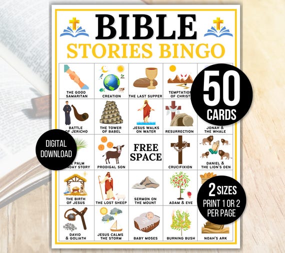Bible Bingo, Bible Stories Bingo, 50 Bible Bingo Cards, Bible Activity For Kids, Bible Activity, Sunday School Bingo,  Bible Stories Game
