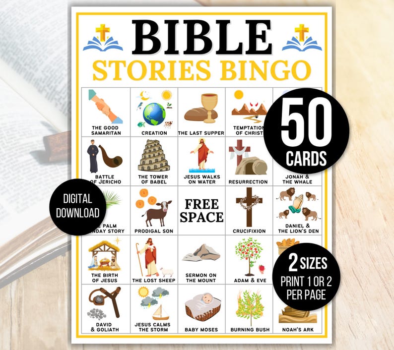 Bible Bingo, Bible Stories Bingo, 50 Bible Bingo Cards, Bible Activity For Kids, Bible Activity, Sunday School Bingo,  Bible Stories Game