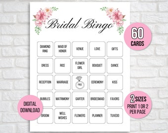 60 Bridal Bingo Cards, Unique Prefilled Bridal Bingo Game Cards, Wedding Bingo Cards, Bridal Shower Bingo Game, Wedding Bingo, Couples Game