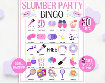 Slumber Party Bingo, Pajama Party Bingo, Sleepover Bingo, 30 Slumber Party Bingo Cards, Pajama Party Game, Slumber Party Game, Pajama Bingo