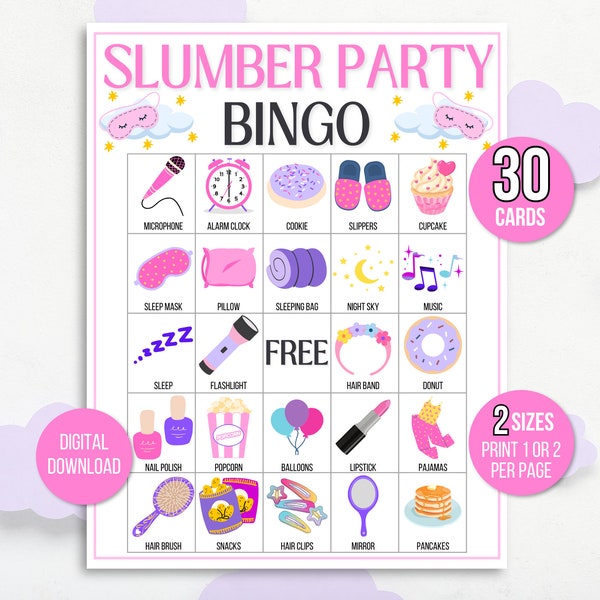Slumber Party Bingo, Pajama Party Bingo, Sleepover Bingo, 30 Slumber Party Bingo Cards, Pajama Party Game, Slumber Party Game, Pajama Bingo