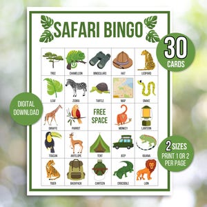 Bingo Safari, 30 cartes de bingo Safari imprimables, jeu de société Safari, Bingo d'anniversaire Safari, Bingo d'anniversaire Safari, Bingo de la jungle, jeu de la jungle