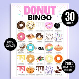 Bingo donut, 30 cartes de bingo imprimables donut, anniversaire donut, jeu de fête donut, fête d'anniversaire donut, donut imprimable, jeux donut