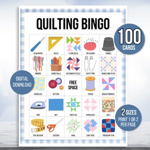 Quiltbingo, 100 afdrukbare quiltbingokaarten, quiltbingo, quiltfeest, quiltspel, quiltbingospel, quiltclubspel, quiltretraite