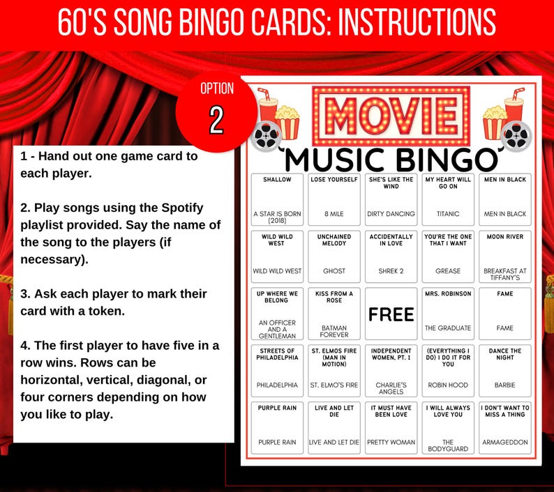 Movie Music Bingo, Movie Soundtrack Bingo, Music Bingo, Movie Soundtrack Songs Game, Music Bingo with Playlist, Music Office Party Game