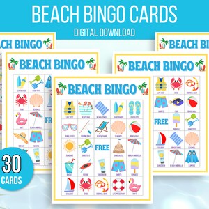 Beach Bingo, Fun in the Sun Bingo, 30 Printable Beach Bingo Cards ...