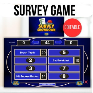 May include: A digital survey game interface with the text "SURVEY GAME" at the top. The game board is blue with white text and numbers. The game includes the text "SURVEY SHOWDOWN" and the word "EDITABLE" in a red circle.