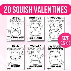 Cartões para colorir Squish Valentines, 20 cartões Squish Valentine, cartões de Valentine para crianças, atividade de Valentine em sala de aula, Valentines para imprimir