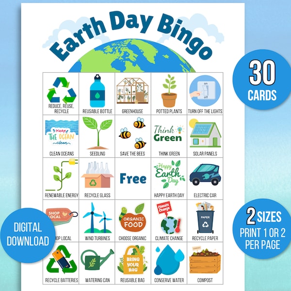 Earth Day Bingo, Earth Day Game, Earth Day Party Activity, Earth Day Printable, Earth Day Party Game, Earth Day Party Game for Kids & Adults