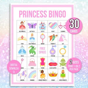 Princess Bingo, 30 Printable Princess Bingo Cards, Princess Birthday ...