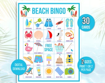 Beach Bingo, Fun in the Sun Bingo, 30 Printable Beach Bingo Cards, Beach Game, Beach Activity, Kid's Printable Bingo Game, Bingo for Kids