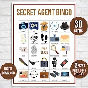 Peut inclure: Un jeu de bingo imprimable Agent Secret avec 30 cartes. La carte de bingo présente des images d'objets sur le thème de l'espionnage comme un appareil photo, un coffre-fort, un agent secret, un scanner oculaire, un chapeau, une carte, un appareil d'écoute, des empreintes de pas, une caméra vidéo, un message secret, des indices, une empreinte digitale, une loupe, une boîte aux lettres, un stylo, des lunettes, un cadenas, une montre, une clé USB, un dossier top secret, une cible, une mallette, des jumelles et un ordinateur.