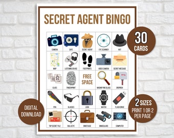 Bingo del agente secreto, 30 tarjetas de bingo del agente secreto para imprimir, juego de fiesta del agente secreto, actividad del agente secreto, bingo de fiesta de cumpleaños del agente secreto
