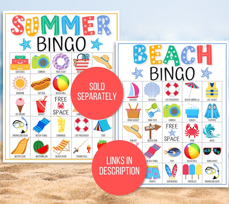 Puede incluir: Dos tarjetas de bingo coloridas con temas de verano y playa. Las tarjetas presentan im&aacute;genes de art&iacute;culos comunes de verano y playa, como gafas de sol, helados y toallas de playa. Las tarjetas est&aacute;n dise&ntilde;adas para un juego de bingo.